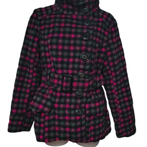Chic Jennyfer J Pink and Black Plaid Coat with Belt Wool Blend Lined Pea Coat